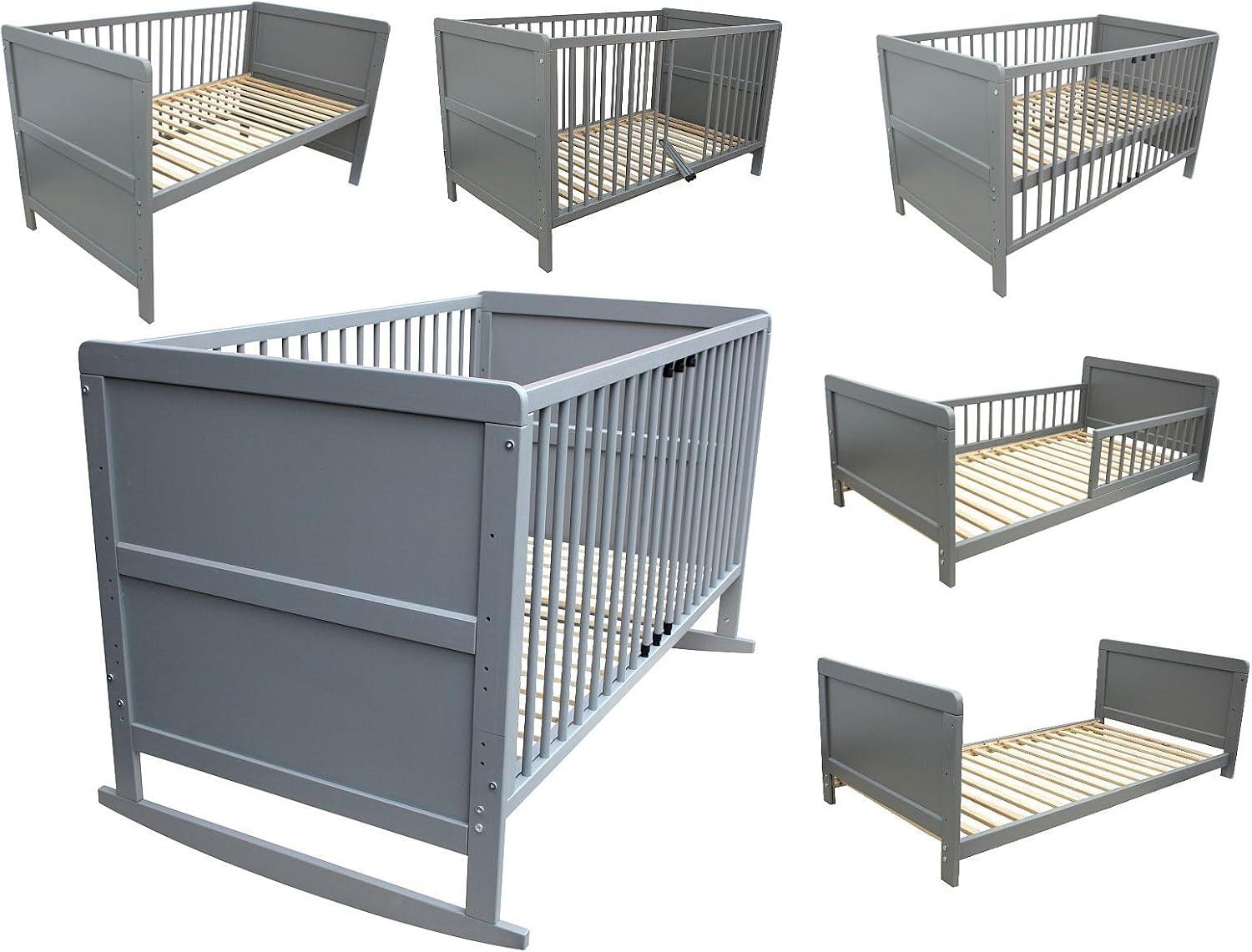 4-in-1-Kinderbett in Grau: Juniorbett, Beistellbett und Wiege, 140 x 70 cm