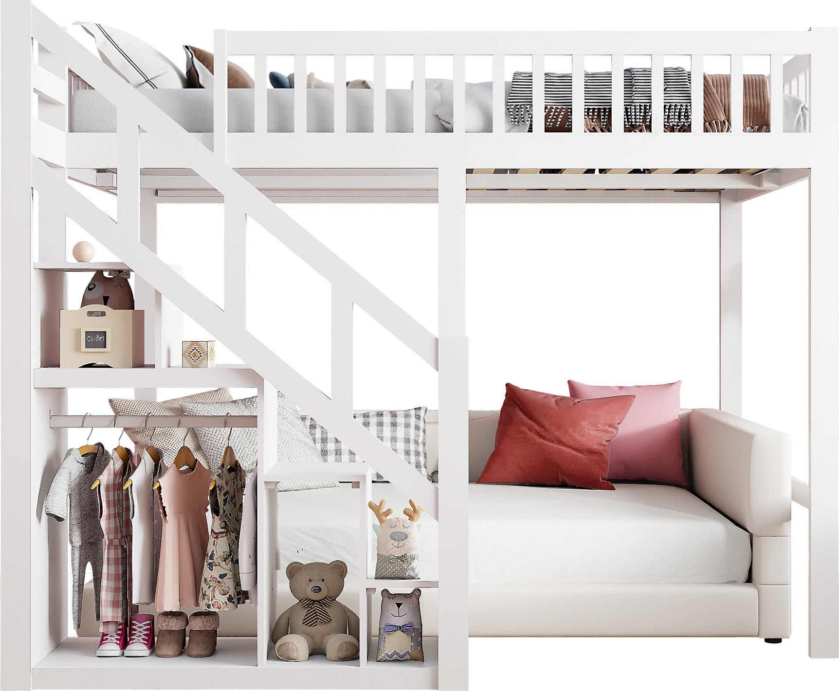 Moonbite Massivholz-Mezzaninebett 140x200 cm Weiß, Treppe mit Stauraum, erhöhtes Sicherheitsgeländer, Hochbett für Kinder und Jugendliche