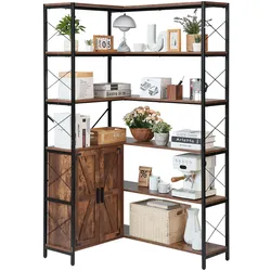 VEVOR Eckregal mit 6 Ebenen, hoher Eckständer mit Türen, L-förmiges Lagerregal mit Metallrahmen & Holzregalen, Standregal Ausstellungsbücherregal für Schlafzimmer Wohnzimmer Büro Braun