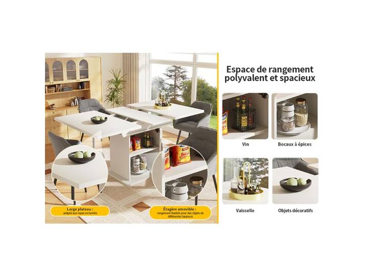 Table à manger extensible 140x80 cm rangement 3 niveaux blanc