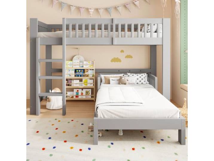 Merax Modulares Massivholz Kinderbett-Set 90x200 cm, Hochbett + Einzelbett frei kombinierbar, Absturzsicherung, abgerundete Kanten – Grau (Ohne Matratze)