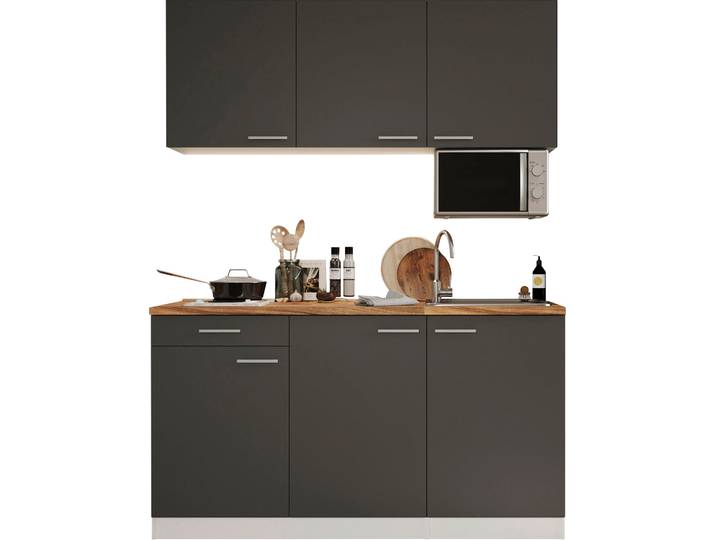 Pantryküche, Eiche Sägerau Nachbildung & Grau, 150×60×200 cm, Mit Duo Kochfeld & Mikrowelle, Luis, Respekta