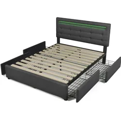 Polsterbett 140x200 mit LED-Beleuchtung, 4 Schubladen, höhenverstellbarem Kopfteil, inkl. Lattenrost, Stauraum & Fernbedienung Grau