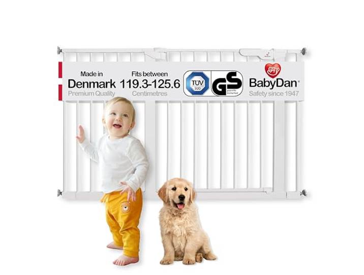 BabyDan Premier, Extra breit Ohne bohren Treppenschutzgitter, 119,3-125,6 cm, Babygitter/Sicherheitsgitter, Metall, Weiß, Hergestellt in Dänemark - (Haustiergitter/Hundegitter)
