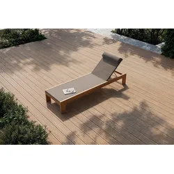 OUTFLEXX Bali Sonnenliege, grau/natur, Akazienholz/Metall/Textilene, 200 x 60 x 30 cm, verstellbare Rückenlehne, inkl. Kopfstütze, FSC®-zertifiziertes Produkt