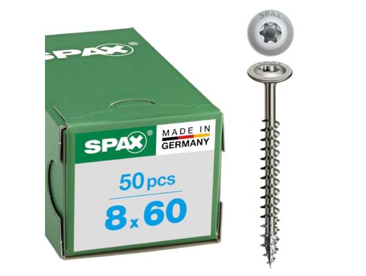 SPAX houtconstructie, discuskop, 8 x 60 mm, 50 stuks, voldraad, T-STAR plus T40, 4CUT, RVS A2-0257000800605