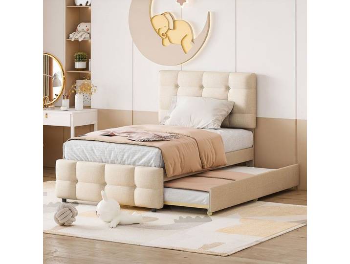 Lit rembourré - Lit rembourré extensible - 90 x 200 cm - Tête de lit réglable - Revêtement lin beige