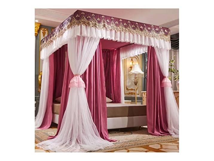 Betthimmel Betthimmel Mit 4 Eckpfosten Für Twin Queen King, Mit Spitze Bestickter Luxus-Bettvorhang, Moskitonetz Mit Ständer (Color : Pink-4, Size : 150X200cm/59X79inch)