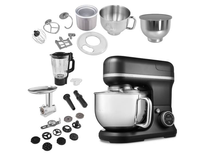 MEDION Küchenmaschine MD 18442, 8 Geschwindigkeitsstufen, Impulsfunktion, 5L Rührschüssel , schwarz, B:39cm H:35,4cm T:23cm, Küchenmaschinen, Umfangreiches Zubehör-Set inkl. Eisschüssel für Speiseeiszubereitung, Küchenmaschine