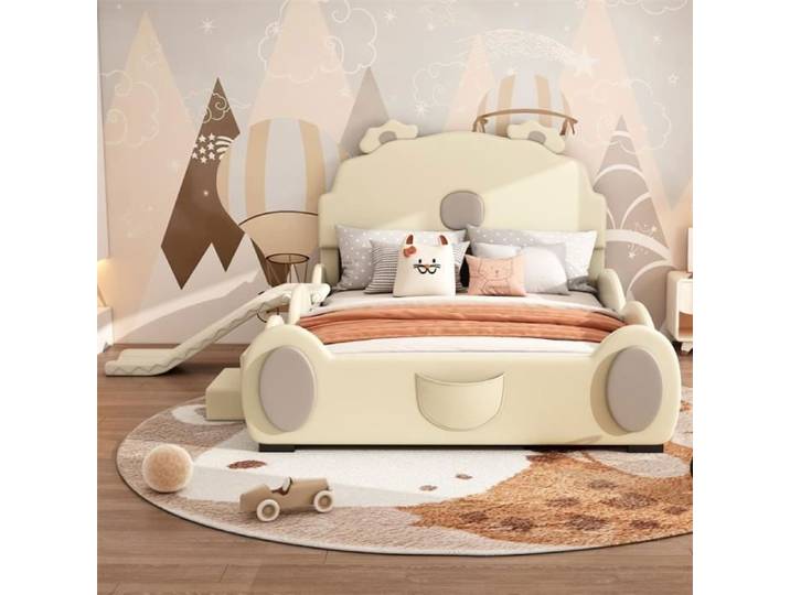 Lit d'enfant - DREAMMESPACE - 140x200cm - Tête de lit ours - Beige - Toboggan