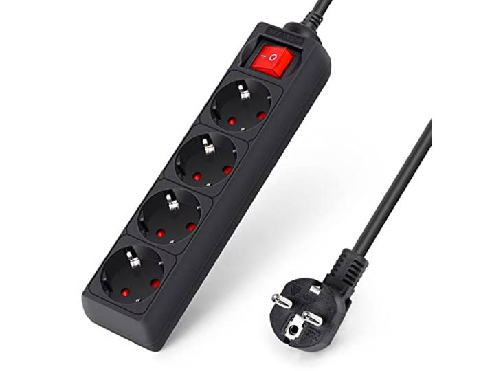 Aigostar 4-Voudig stekkerdoos met schakelaar stekkerdoos met contactbescherming, 3 m kabel, zwart(4-Voudig, 3 m)