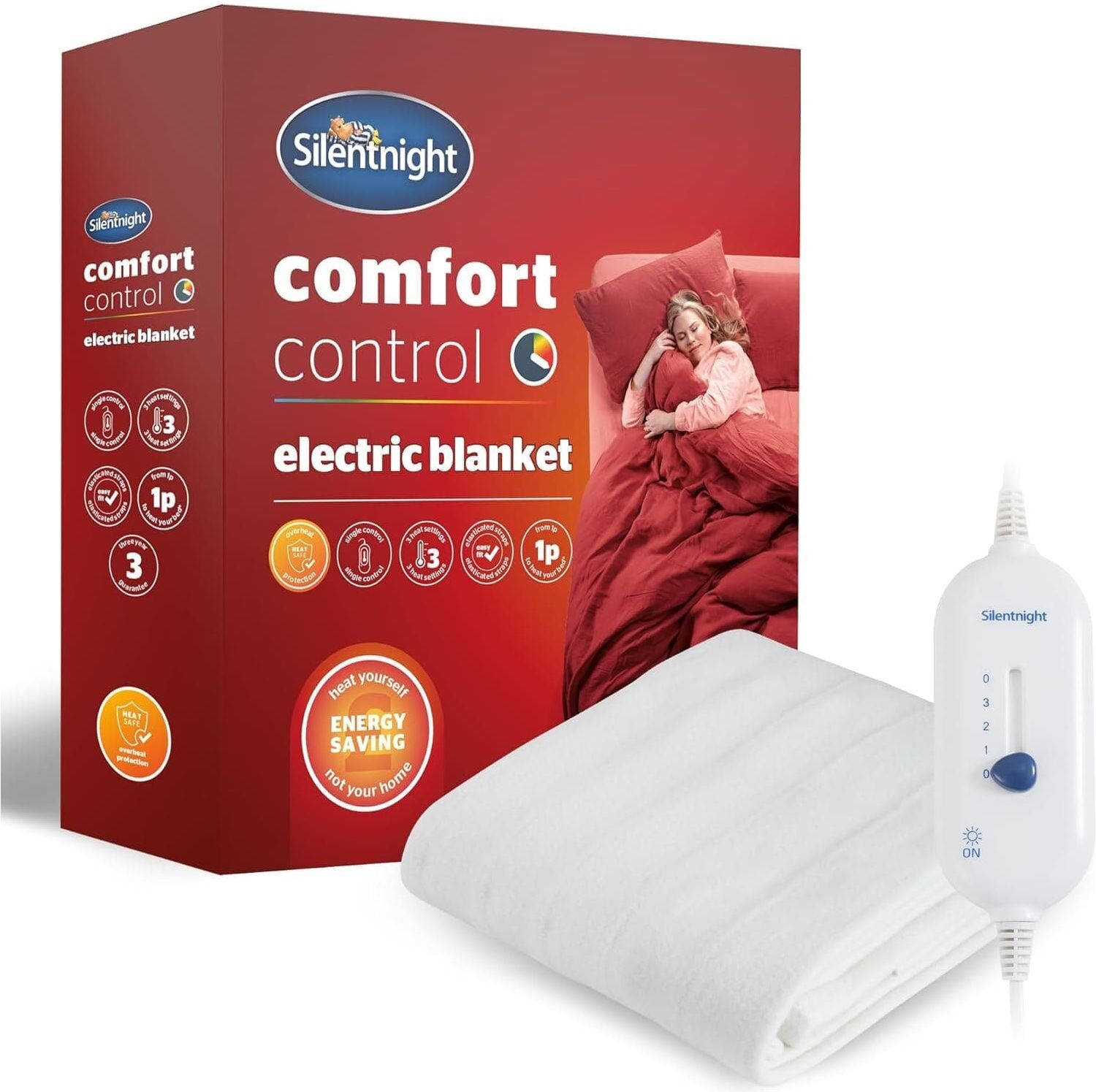 Silentnight Comfort Control Electric Blanket - Single 135x72cm, 3 Heat Settings, Fast Heat, Overheat Protection, Machine Washable, New