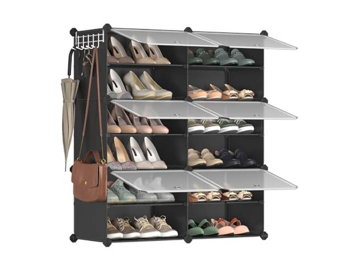 SONGMICS Étagère à Chaussures Modulable 6 Compartiments\, avec Porte Étagère de Rangement\, Cadre en Acier\, Panneaux en Plastique\, Collection DAMION LPC033B01