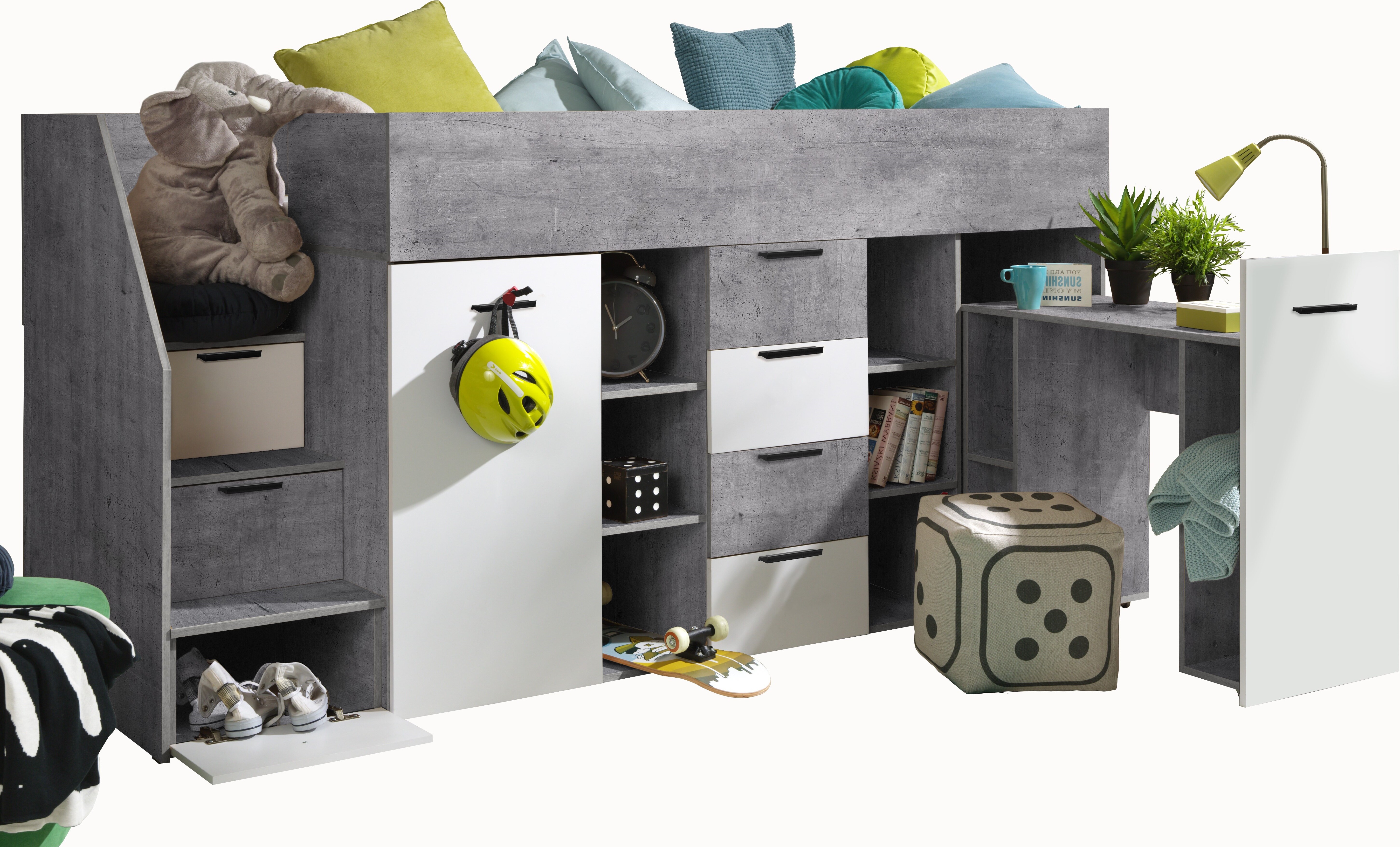Etagenbett für Kinder KONKRET 3 Stockbett mit Treppe, Kleiderschrank und Schreibtisch (Beton + Weiß, Seite: Links)
