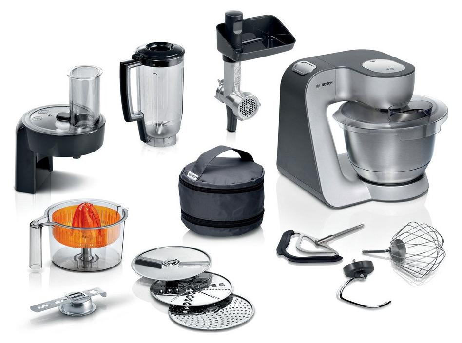 BOSCH Küchenmaschine MUM5935B Durchlaufschnitzler, 3 Scheiben, Mixer, silber, Fleischwolf, Kekspresse, Zitruspresse, 3 Rühr-/Knethaken, spülm.fest