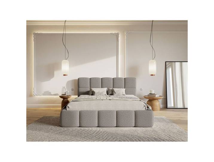Lit rembourré 120x200 – Cloudy – avec coffre – Bouclé Gris