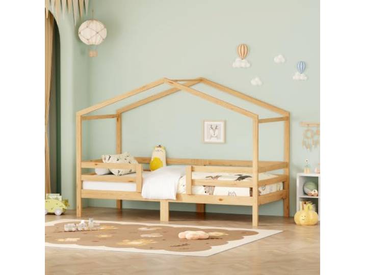 Bellemave Hausbett Kinderbett 90×200 cm, mit Rausfallschutz, naturfarben Massives Kieferholz, mit Rausfallschutz, Lattenrost, Einzelbett, ohne Matratze