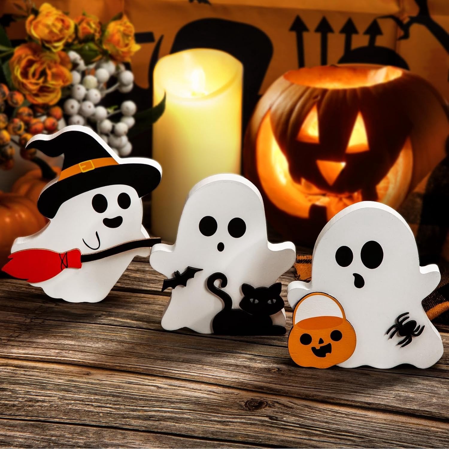 Halloween Decoratie Set van 3 Stuks met Schattige Spookjes en Houten Spookbordjes voor Tafeldecoratie Binnen