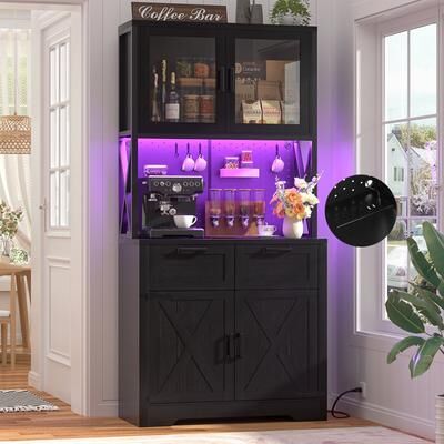 Rackcog Kitchen Pantry Storage Cabinet with LED Light & Power Outlet, Freestanding Display Home Coffee Bar Buffet with Pegboard