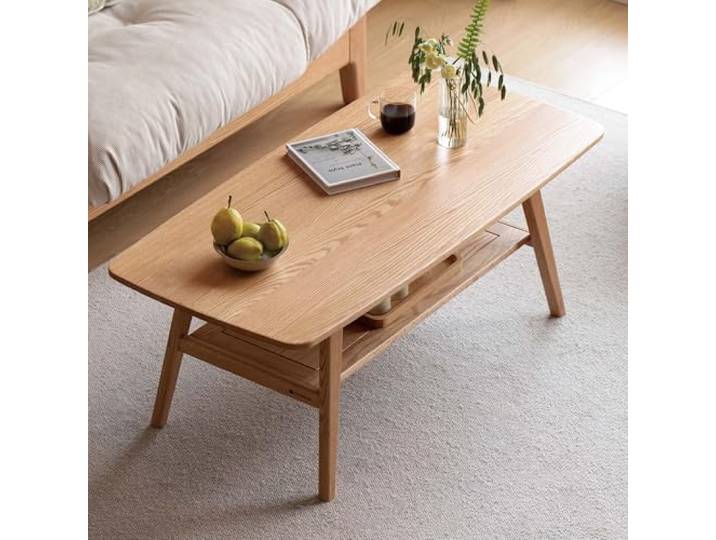 YESWOOD Couchtisch aus Massivholz Eiche mit Ablage, 120 x 56 x 44 cm Natur Massive FAS-Eiche, offener Stauraum für Bücher und Zubehör, abgerundete Kanten, schnelle Montage