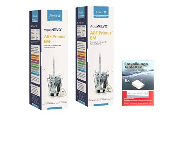 Alvito 2X Wasserfilter Primus EM Aktivkohle Blockfilter + Gerätereinigung Ersatzfilter für Alvito und Carbonit Filtergehäuse - 0,45 µm Feinheit - Inklusive Entkalkertabs zur Gerätereinigung