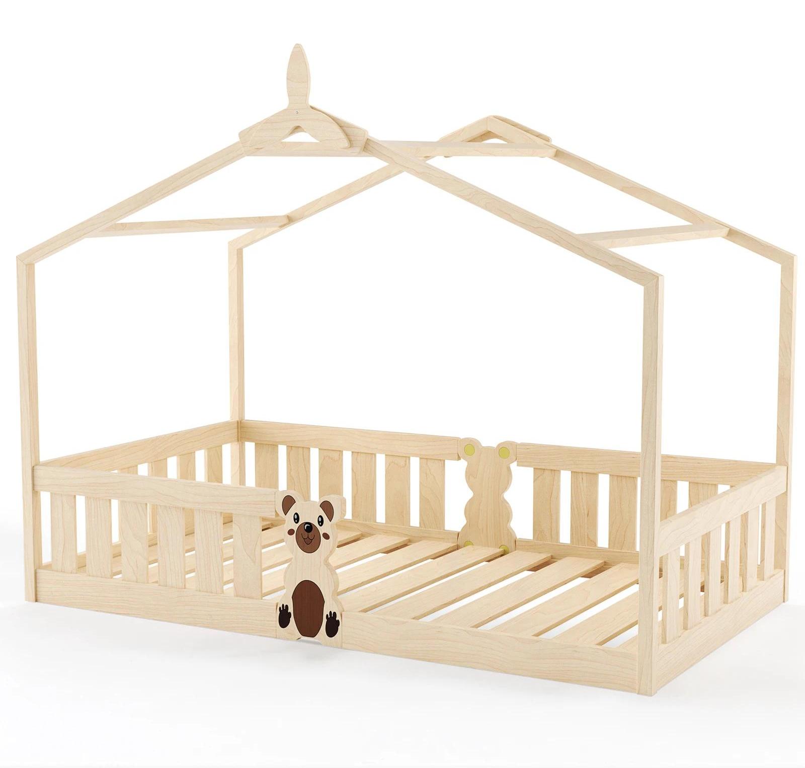 Kinderbett - Montessori Bodenbett Hausbett 90x200 cm - Holz - Rausfallschutz - Lattenrost - Dach - Gelb