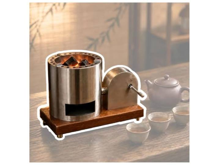 Tragbarer Holzkohle-Teekocher Für Den Tisch Mit Handkurbel Gehäuse Aus Edelstahl, Holzsockel, Holzkohlebrenner Für Die Teezubereitung Im Innen- Und Außenbereich(Braun)