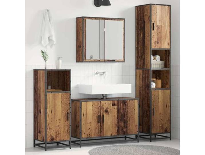 Badezimmermoebel-Set 3 Stk Altholz Holzwerkstoff mit Spiegel und Regal Wandmontiert, schwarze Metallbeine, Stangengriffe, neutraler Farbton, pflegeleichte Oberflaeche