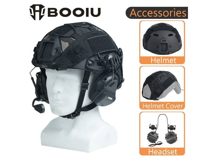 Ensemble de casque tactique Airsoft BOOIU, casque de protection réglable avec housse de casque, écouteurs, paintball, chasse en plein air, tir