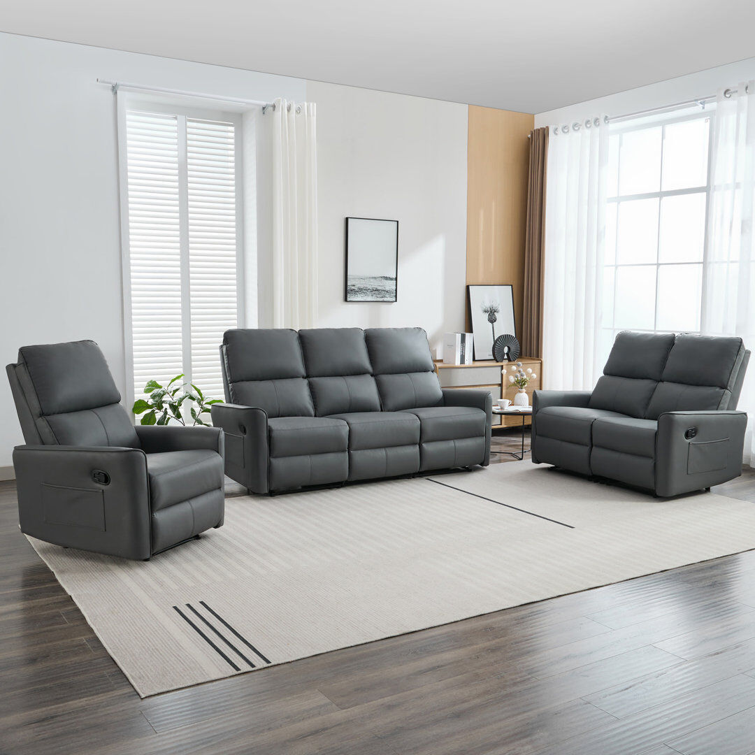 Rosalind Wheeler Elizabete Vegan Leather Reclining Living Room Sets Grey 3