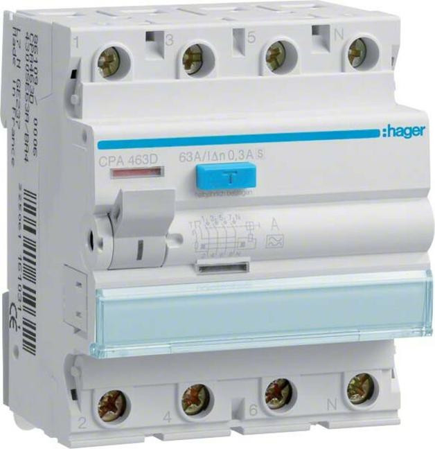 Hager FI-schakelaar CPA463D, 4-polig, 63A, 300mA, type S, selectief, 6kA