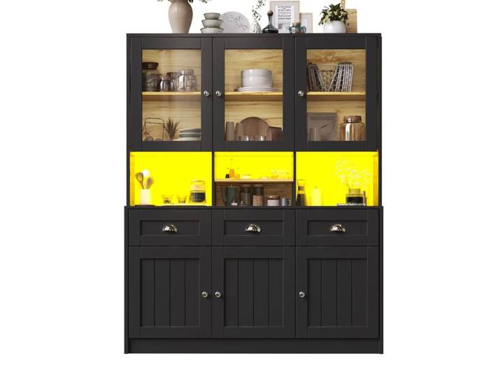 ULEVR Buffet de cuisine haut 140 x 40 x 175 cm - avec LED et étagères réglables 3 tiroirs noir MDF