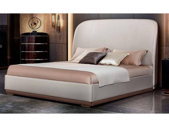 Xlmoebel Lederbett Beiges Lederbett mit Holzrahmen im modernen Design (Bett, Bett), Hergestellt in Europa