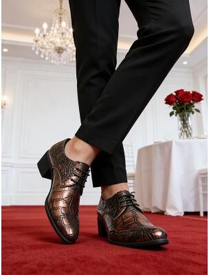LightInthebox Men's Faux Leather Brown Crocodile-Patterned Dress Shoes, Premium Wedding Shoes for Fashion-Conscious Grooms and Guests