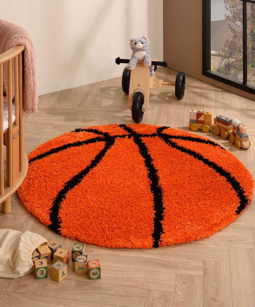 TrueWeave Rond Basketbal Vloerkleed voor Kinderkamers - Sports Oranje/Zwart
