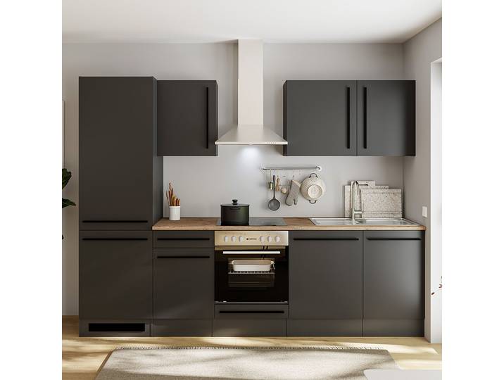 Küchenzeile III 280cm Schwarz/Matt Schwarz ohne Elektrogeräte