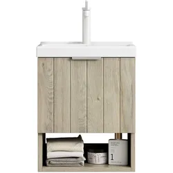 OKWISH Badezimmer-Waschtisch 42x42x53 Keramikbecken Schrank Multiplex Offenes Regal Soft-Close Türen Modern Kompakt Eiche+Weiß