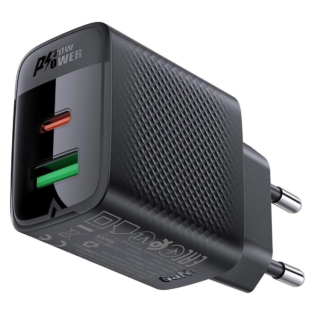 Acefast A78 GaN USB-A / USB-C PD 20W network charger - black (20 W, 2 Ports) (52428419)