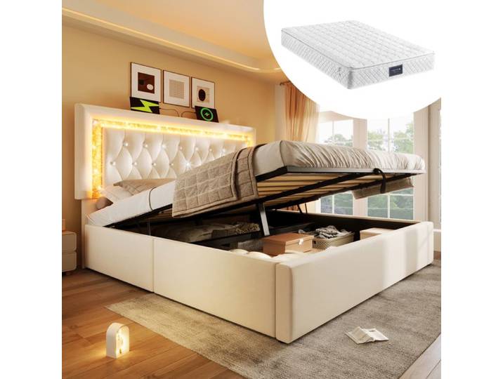 Lit double - KOMHTOM - LED Diamant - 140x200 cm - Rangement hydraulique - Chargeur USB-C