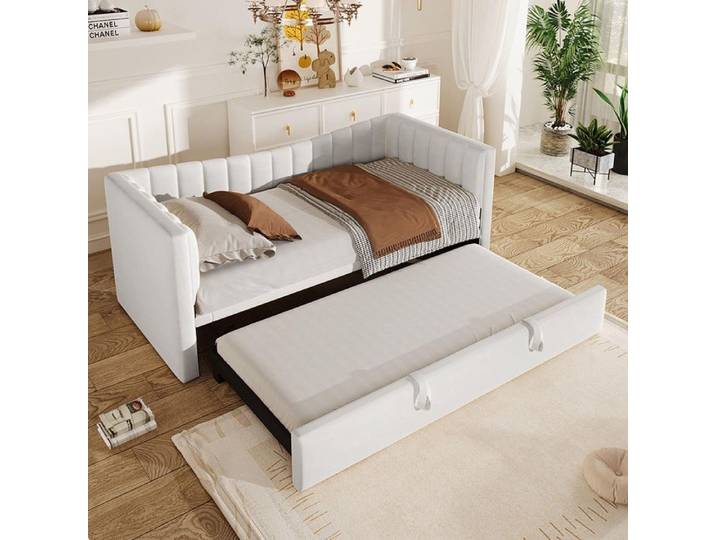 Lit Gigogne rembourré 90/180 x 200 cm canapé-lit lit simple double - SWEIKO - Velours Blanc