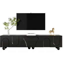 TV-Schrank 180x40x42 cm mit Massivholzbeinen, Stauraum, schwarzer Oberfläche, geschwungenen Türen und pflegeleichtem Design