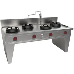 EURAST - Gekühltes wok mit 4 gasbrennern 2 träger, 1 wassersäule - 2000x900x850 mm - 70 Kw - 32209DEM
