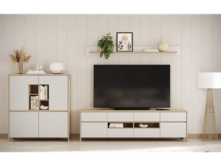 Wohnwand HOME AFFAIRE Stranda, moderne Anbauwand, Komplettset im Scandi-Style , weiss (weiß skandi eiche), B:319cm, Holzwerkstoff, Kastenmöbel-Sets, Wohnwand, enthält Lowboard, Highboard und Wandboard, 324 cm breit