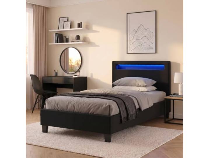 CARO-Möbel Polsterbett Himalaya mit LED Beleuchtung Einzelbett Jugendbett 90x200 cm mit Lattenrahmen, Stoffbezug in schwarz