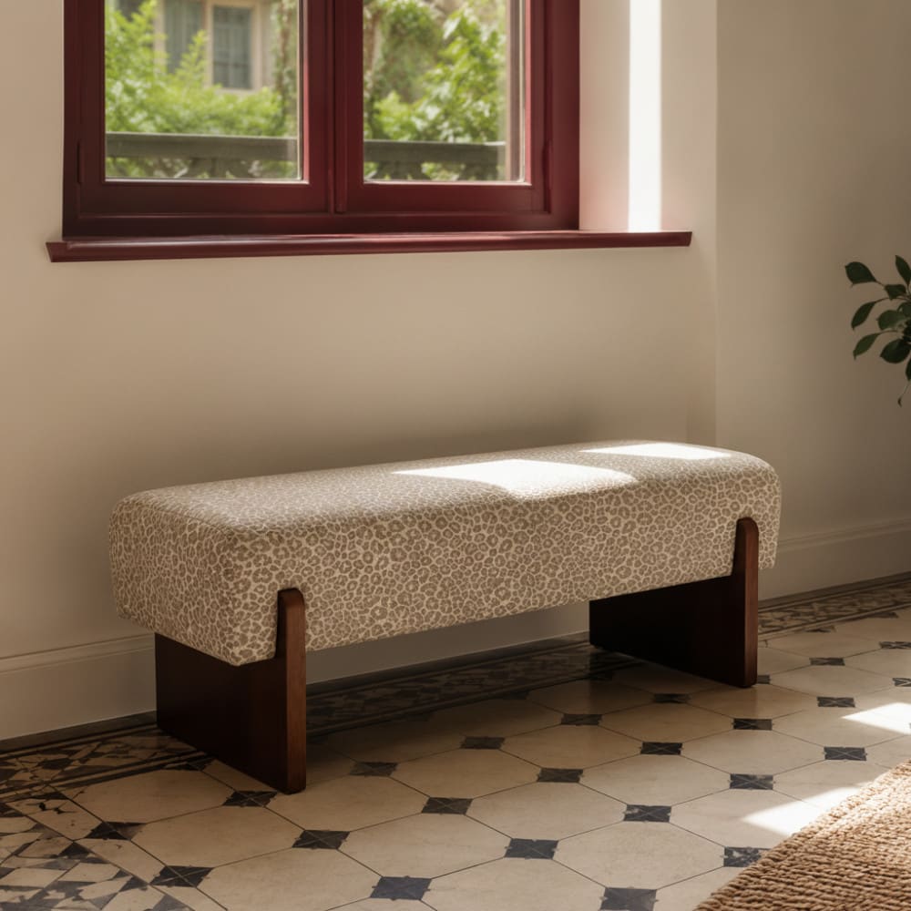 Drawer Banc en tissu imprimé léopard et bois - beige Beige 120x43x45cm