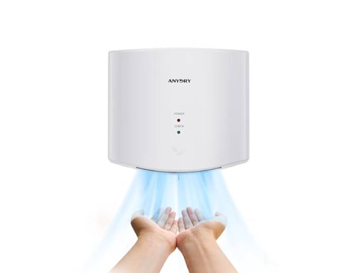anydry Sèche-Mains Électrique Compact\, 15s Haute Vitesse Mural Prise UE 220-240V\, Séchage 10-15s\, Chauffage Auto sous 25°C\, Capteur Sans Contact\, Boîtier ABS\, Compact Mural