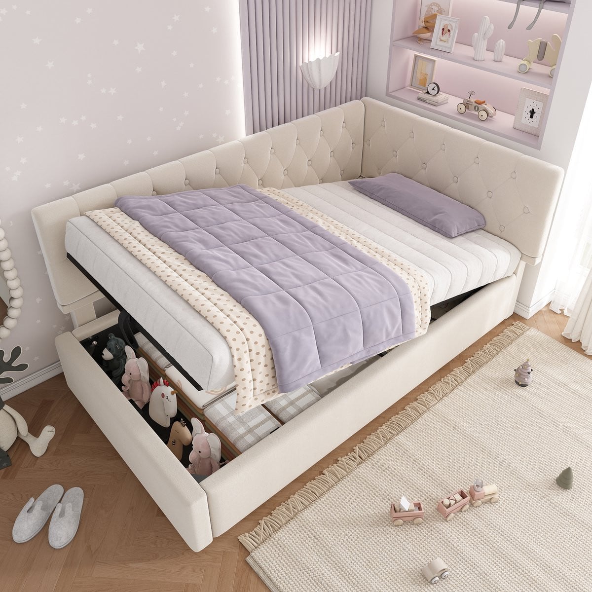MODFU Bedframe met hoofdbord en hydraulische opbergruimte, beige fluweel, 90x200 cm