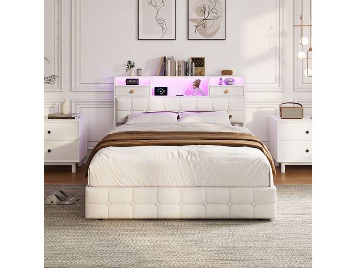 Lit 160x200cm - Lit Double 160x200 - Tête de Lit LED 4 Tiroirs sous le lit et 2 Tiroirs de Tête - Tissu Velours -Beige