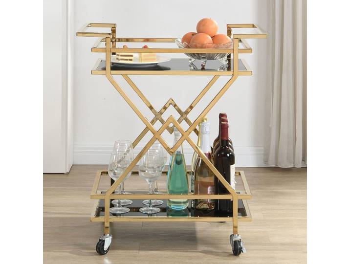 Chariot de service en verre et métal, doré