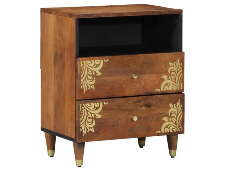 Table de chevet - Bois massif - 2 tiroirs - Finition marron - Design floral élégant